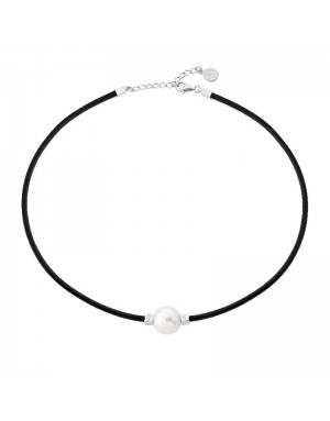 Collar 45cm plata y cuero con perla14mm