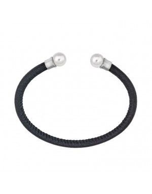 BRAZALETE RIGIDO ACERO CUERO NEGRO