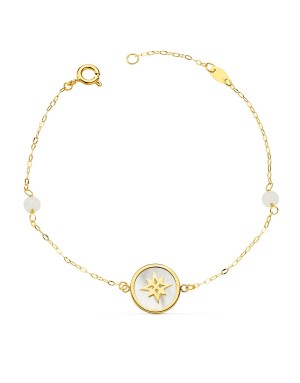 PULSERA NÁCAR Y ROSA DE LOS VIENTOS 12 MM Y BOLAS JADE 4 MM. CADENA 18 + 2,5 CM