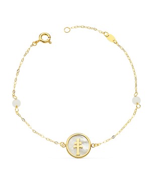 PULSERA NÁCAR CON CRUZ CARAVACA 12 MM Y BOLAS JADE 4 MM. CADENA 18 + 2,5 CM