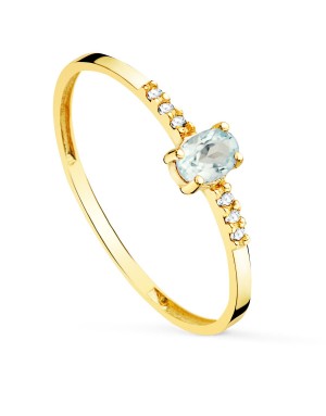 18K SORTIJA  DIAMANTES 0.030 QT+ OVAL AGUA MARINA NATURAL  4X3 MM CUERPO 1.30 MM