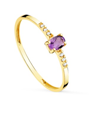 18K SORTIJA  DIAMANTES 0.030 QT+ OVAL AMATISTA NATURAL  4X3 MM CUERPO 1.30 MM