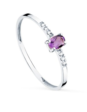 18K DIAMOND RING 0.030 CT+ OVAL NATURAL AMETHYST 4X3 MM BODY 1.30 MM