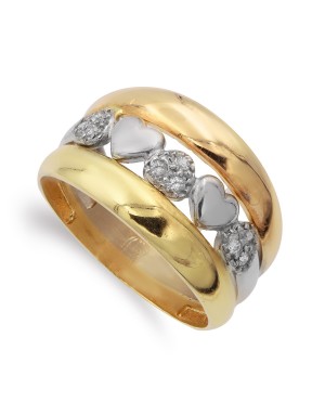 18K SORTIJA ORO TRICOLOR BANDAS CON CORAZONES. ANCHO: 13 MM