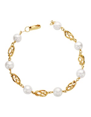 18K PULSERA ORO AMARILLO PERLAS REDONDAS DE 8,5MM Y JAULAS DE ORO. 19 CM