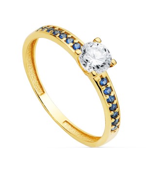 SOLITARIO ORO AMARILLO GARRAS CIRCONITA 5 MM Y CIRCONITAS AZULES