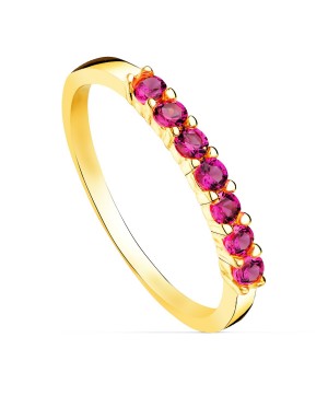 18K YELLOW GOLD RING WITH 7 RED CUBIC ZIRCONIA CLAWS. BODY WIDTH: 2 MM