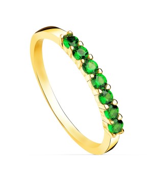 18K YELLOW GOLD RING WITH 7 GREEN CUBIC ZIRCONIA CLAWS. BODY WIDTH: 2 MM