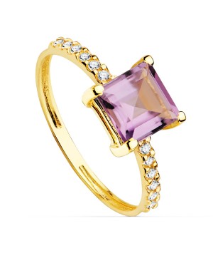 18K YELLOW GOLD RING WITH CUBIC ZIRCONIA AND AMETHYST 6X6 MM. BODY WIDTH: 1,5 MM