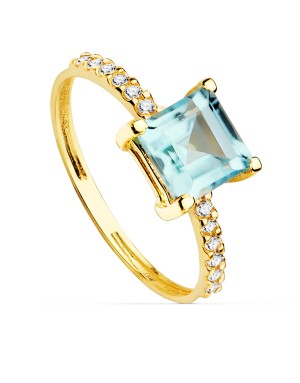 18K YELLOW GOLD RING WITH ZIRCONS AND BLUE TOPAZ 6X6 MM. BODY WIDTH: 1,5 MM