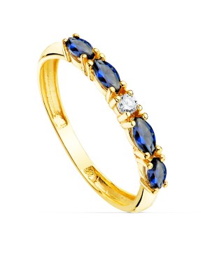 18K SORTIJA ORO AMARILLO 4 CIRCONITAS AZULES TALLA MARQUISE ANCHO 2 MM
