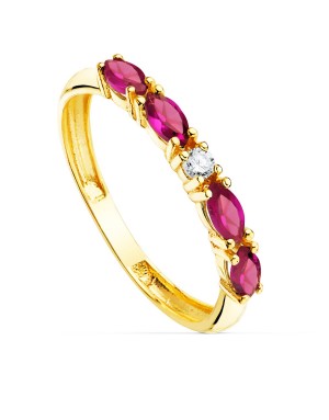 18K SORTIJA ORO AMARILLO 4 CIRCONITAS ROJAS TALLA MARQUISE ANCHO 2 MM