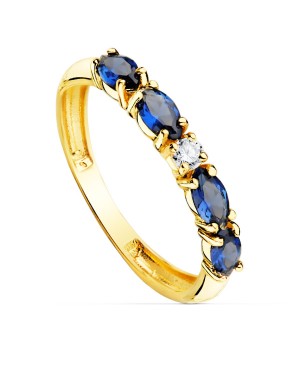 18K YELLOW GOLD RING 4 BLUE MARQUISE CUT CUBIC ZIRCONIAS WIDTH 2,5 MM