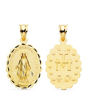 18K MEDALLA VIRGEN DE LA MILAGROSA OVAL TALLADA 25 X 18 MM