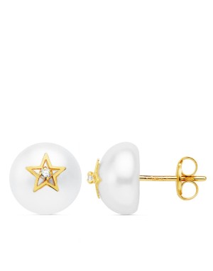 18K PENDIENTES ORO AMARILLO MEDIA PERLA 9 MM Y ESTRELLA. CIERRE PRESIÓN
