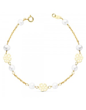 18K PULSERA COMUNION FLORES CALADAS 17 CM.