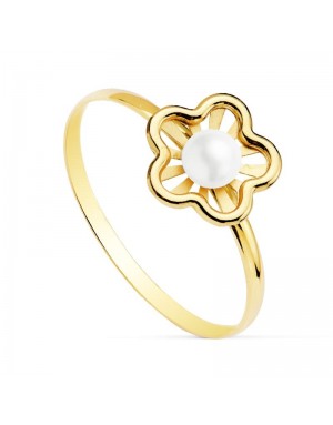 18K SORTIJA FLOR CALADA. PERLA 3 MM.