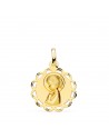 18K MEDALLA ORO AMARILLO PANDERETA VIRGEN NIÑA PERFIL MATIZADA Y CALADA. 19 MM