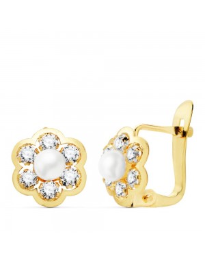 18K PENDIENTES ORO AMARILLO FLOR CON CIRCONITAS Y PERLAS. 8 X 8 MM. CATALAN