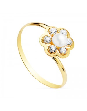 18K SORTIJA ORO AMARILLO FLOR CON CIRCONITAS Y PERLA 3,5 MM.