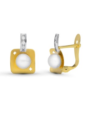 18K PENDIENTES ORO BICOLOR PERLA. 12 X 8 MM.