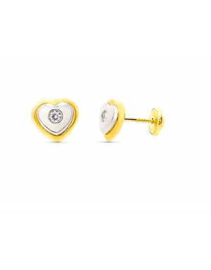 18K PENDIENTES ORO BICOLOR CORAZON. 8 X 7 MM. CIERRE TUERCA