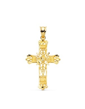 18K CRUZ ORO AMARILLO FILIGRANA BORDES TALLADOS. 37 X 25 MM