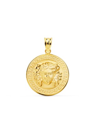 18K MEDALLA ORO AMARILLO MEDUSA CON BORDE DE GRECA MATIZADA 20 MM