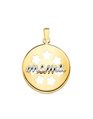 18K COLGANTE ORO BICOLOR REDONDO CON FLORES CALADAS. 18 MM.