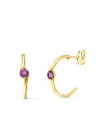18K PENDIENTES ORO AMARILLO MEDIO ARO LISO CON AMATISTA. 15 X 3 MM. PRESION.
