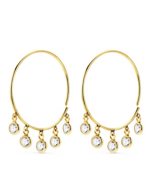 18K AROS ORO AMARILLO HILO DE  20 MM CON 5 COLGANTES CIRCONITAS BLANCAS