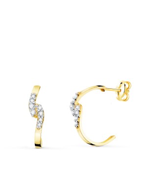 18K PENDIENTES ORO BICOLOR 1/2 ARO CUADRADO CON CIRCONITAS. 15 X 3 MM. PRESION