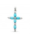 18K CRUZ ORO BLANCO TURQUESA Y CIRCONITAS. 40 X 26 MM.