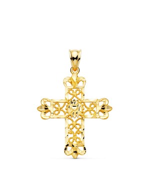 18K CRUZ ORO AMARILLO FILIGRANA BORDES TALLADOS. 35 X 29 MM