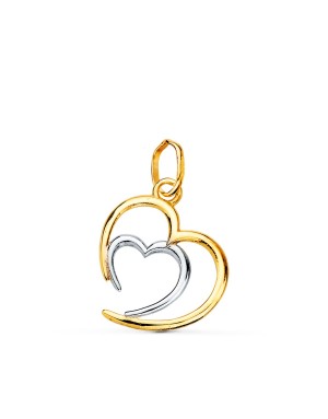 18K COLGANTE ORO BICOLOR DOBLE CORAZON EN BRILLO. 14 X 13 MM