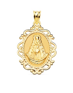 18K MEDALLA VIRGEN DEL ROCIO CERCO CALADO EN BRILLO 31 X 21 MM