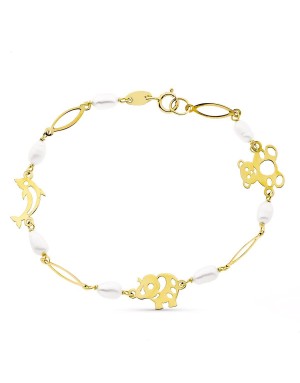 9K PULSERA ORO AMARILLO Y PERLA CON MOTIVOS ANIMALES 4.5 MM LARGO 16CM