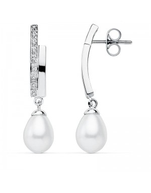9K PENDIENTES ORO BLANCO PERLA 32X8 MM