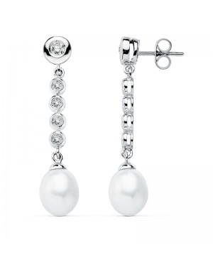 9K PENDIENTES ORO BLANCO PERLA 40X10 MM