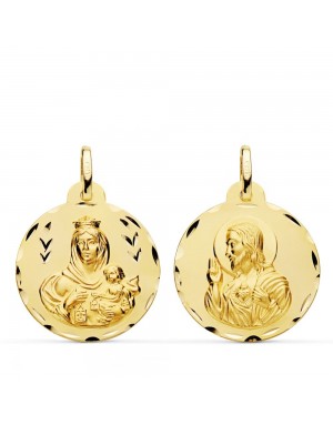 9K ESCAPULARIO TALLADO VIRGEN DEL CARMEN Y CORAZON DE JESUS 22 MM