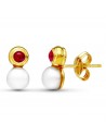 18K PENDIENTES ORO AMARILLO PERLA Y PIEDRA ROJA 10X5 MM