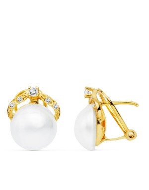 18K PENDIENTES ORO AMARILLO PERLA JAPONESAS 13X11 MM CIERRE OMEGA