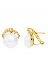 18K PENDIENTES ORO AMARILLO PERLA JAPONESAS 13X11 MM CIERRE OMEGA