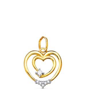 18K COLGANTE ORO BICOLOR DOBLE CORAZON CON CIRCONITAS 15X14 MM