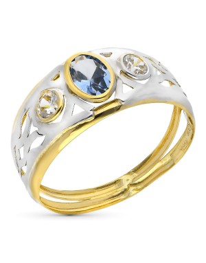 9K SORTIJA ORO BICOLOR CIRCONITA AGUAMARINA OVAL. ANCHO TOTAL 9 MM