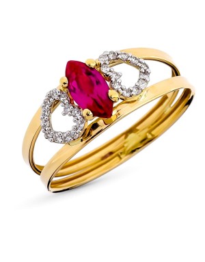 9K SORTIJA ORO AMARILLO PIEDRA ROJA MARQUIS Y CIRCONITAS ANCHO TOTAL 8 MM