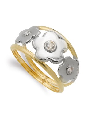 9K SORTIJA ORO BICOLOR CON FLORES Y CIRCONITAS