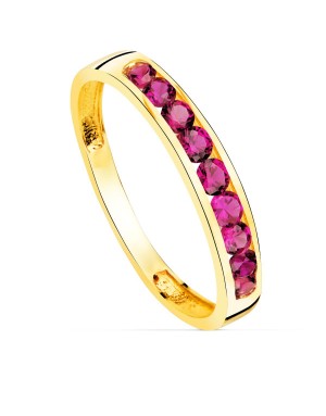 18K SORTIJA ORO AMARILLO 9 CIRCONITAS ROJAS. ANCHO CUERPO 3.5 MM