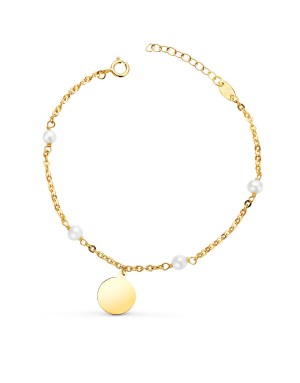 18K PULSERA ORO AMARILLO CON PERLAS 3.5MM Y CHAPA REDONDA 10MM. LARGO: 15+2CM