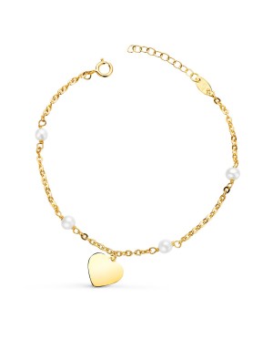 18K PULSERA ORO AMARILLO CON PERLAS 3.5MM Y CHAPA CORAZON 10MM. LARGO: 15+2CM